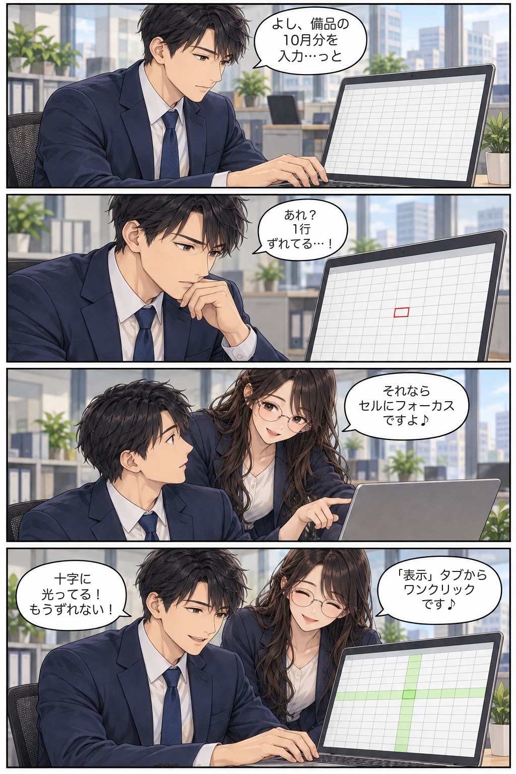 4コマ漫画:蒼真がExcelで1行ずれて入力してしまい、セルナ先生が「セルにフォーカス」を教える